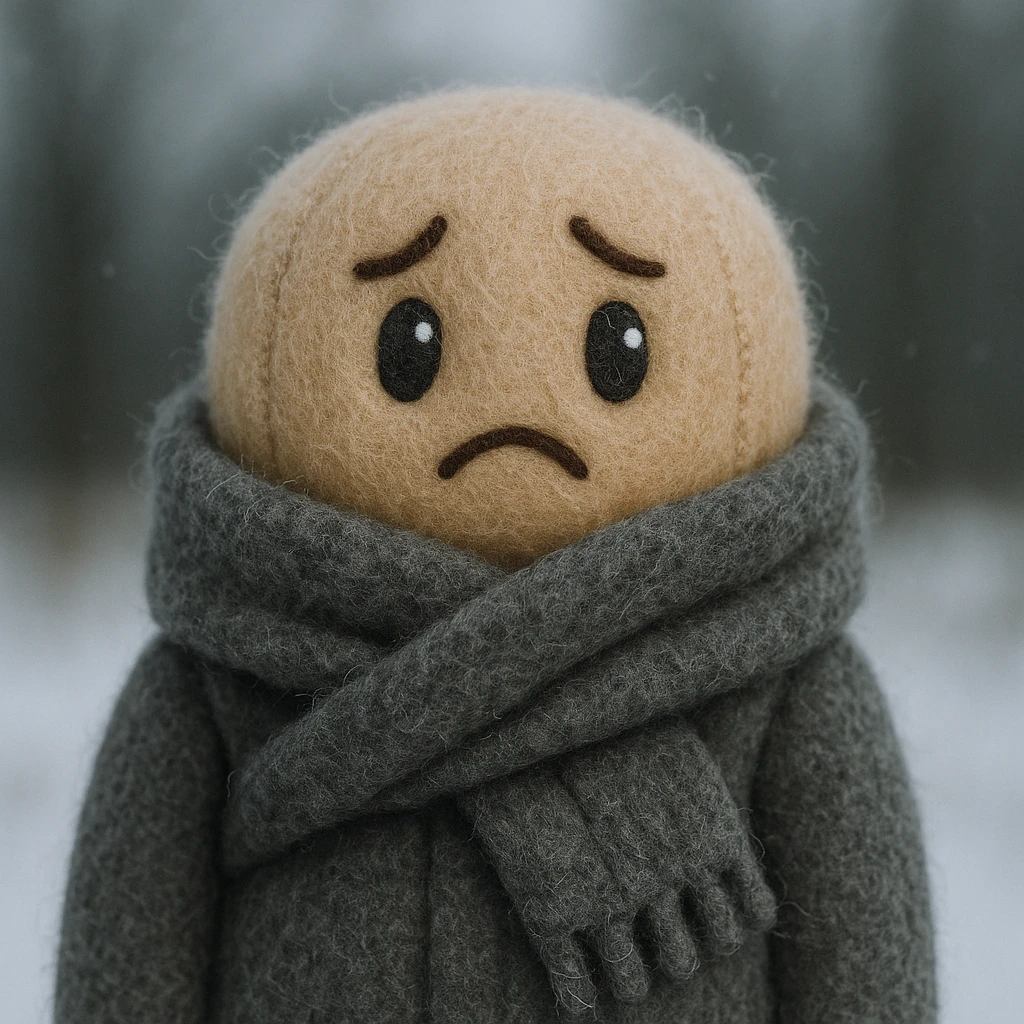 plush face bundled in a scarf, shivering, cold weather, cozy, soft texture emoji