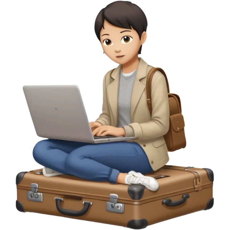 페르소나 요약 : 교환학생을 준비하는 대학생. 동양인 중성 20대의 상반신, 캐주얼한 옷을 입은 채 노트북을 보고 있으며 옆 한켠에는 캐리어가 함께 준비되어 있어요. emoji