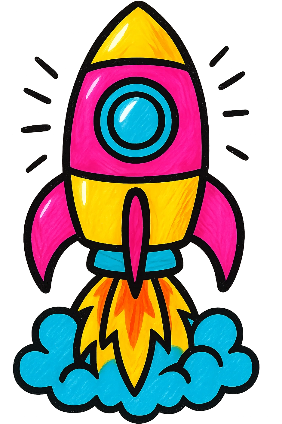 a colorful rocket ship blasting off, bold and energetic, pop colors style emoji