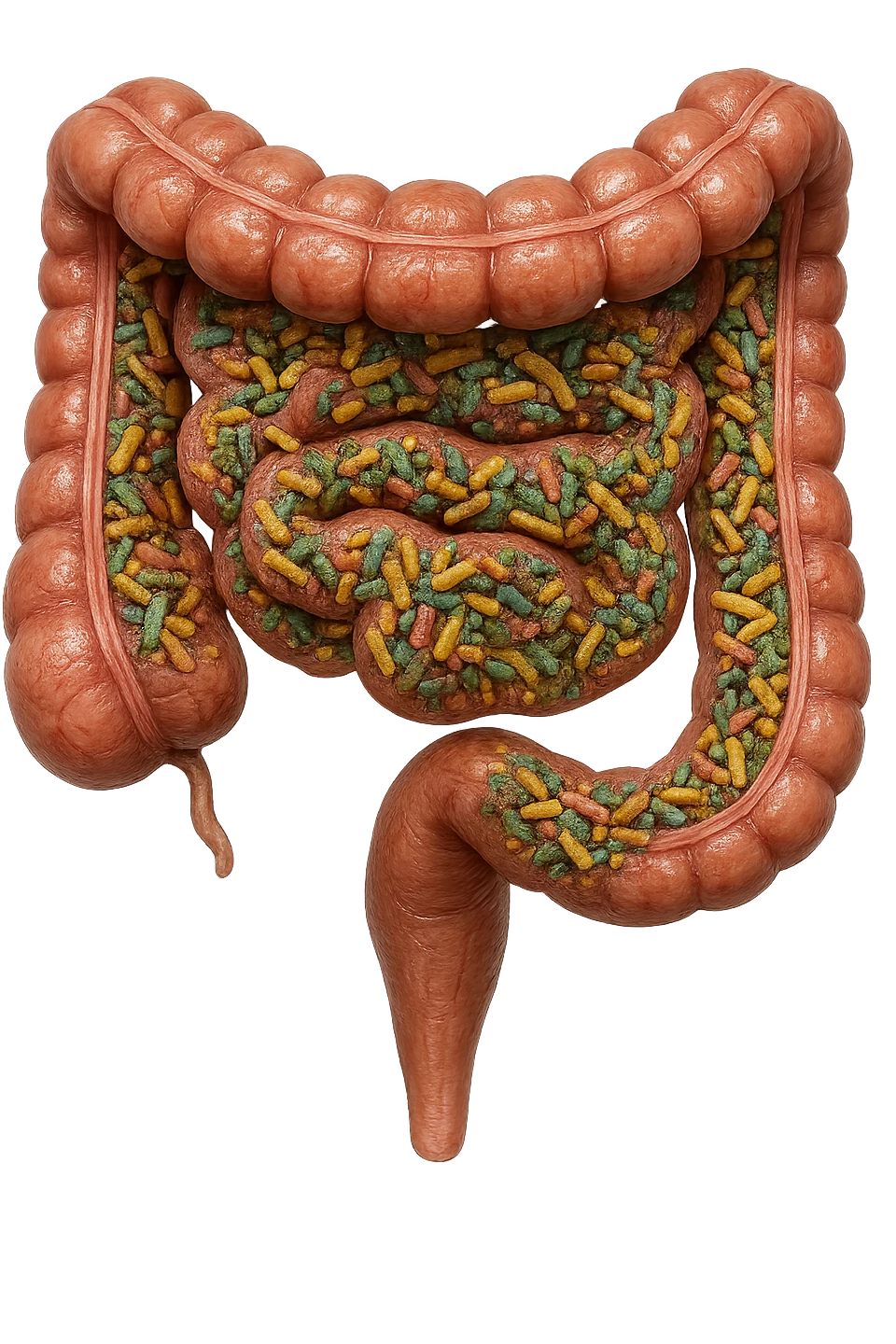 COLON DI UN INTESTINO UMANO ANATOMICO CON ALL'INTERNO PIENO DI BATTERI INTESTINALI, IPERREALISTICO 4K, NON DISEGNATO emoji