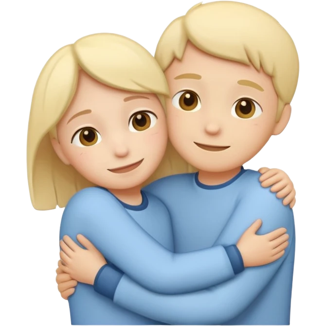 two simplified human characters hugging each other warmly, showing emotional support and friendship, gentle smiles, calm and safe mood, flat custom emoji sticker, soft pastel colors, rounded shapes, minimal details, mental health theme, thick outline, white background, no text emoji