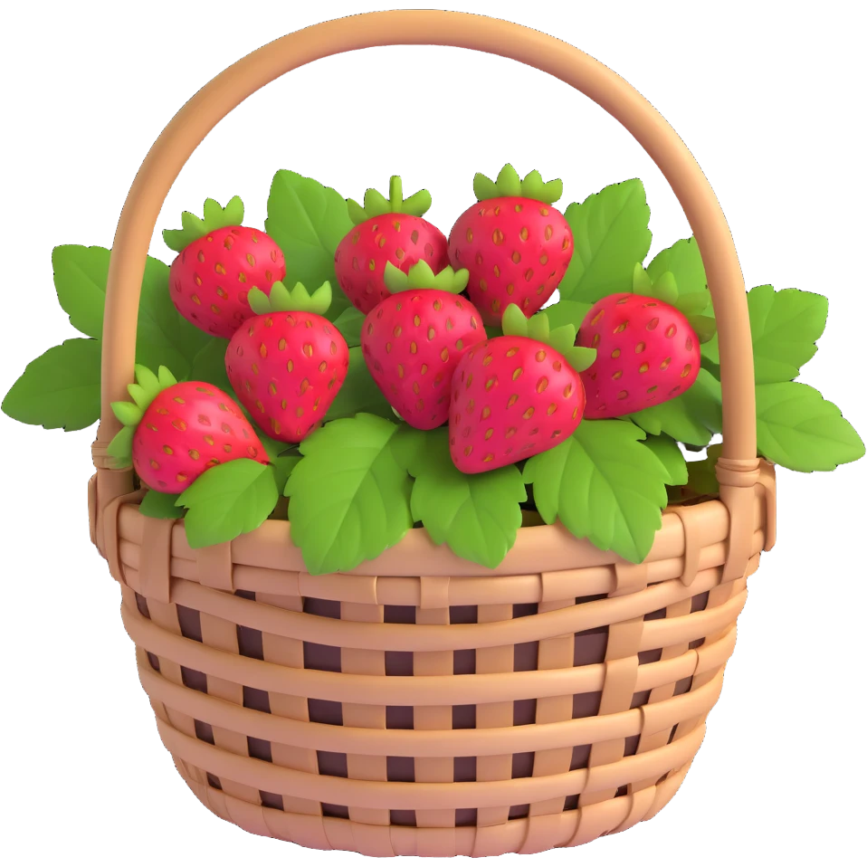A basket of strawberries, vibrant red strawberries with green leaves, light brown woven basket with a handle emoji