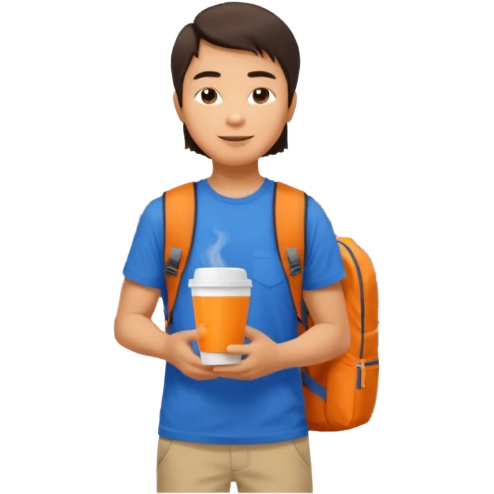 an asian man in blue t-shirt with orange cup of coffee and backpack on the back. Eiffel tower on the background. shoulder length  emoji