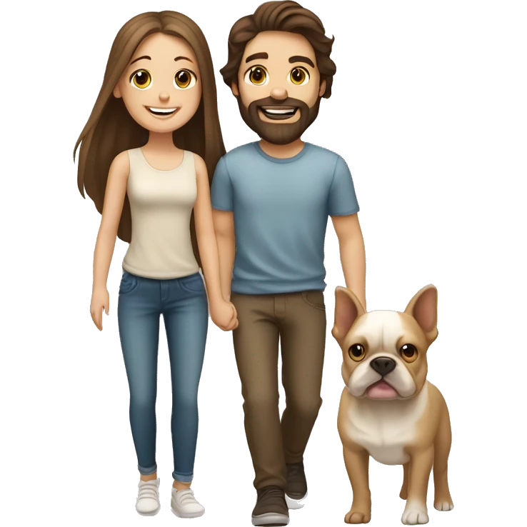 Brunette happy couple boy with beard and girl  with long hair with one cute beige French bull dog  emoji