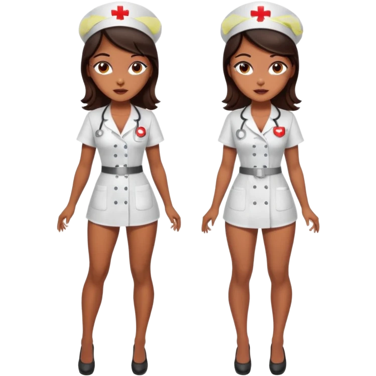 A sexy girl. with caramel skin. Dark brown hair and brown eyes. She has freckles. Wearing sexy makeup. Dressed as a sexy nurse wearing lingerie. Full body. emoji