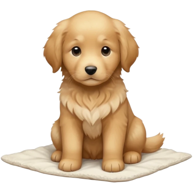 A Golden Retriever puppy standing peacefully on a soft blanket indoors. Cozy home environment, natural lighting, soft focus, adorable realism. emoji