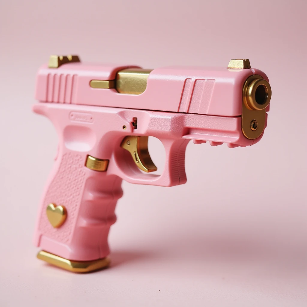 photorealistic pink pistol with a gold trigger and accents, no heart shapes or motifs, on a white background emoji