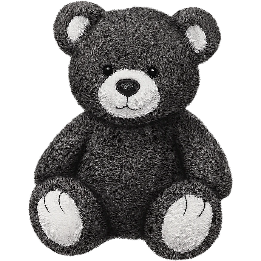 Change the teddy bear's fur to black and white, keep it soft and plush, no shadows, flat lighting, no background. The style should maintain the look of the original teddy bear image. emoji
