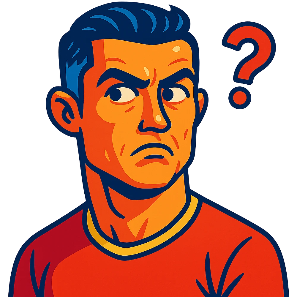 Cristiano Ronaldo with a suspicious expression, includes a question mark, vibrant cartoon style emoji