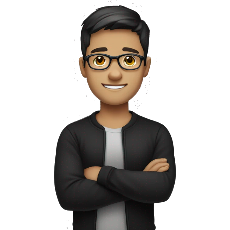 white young man with a friendly, confident smile. He has short dark hair and is wearing round glasses. He's dressed in a plain black t-shirt and has his arms crossed emoji