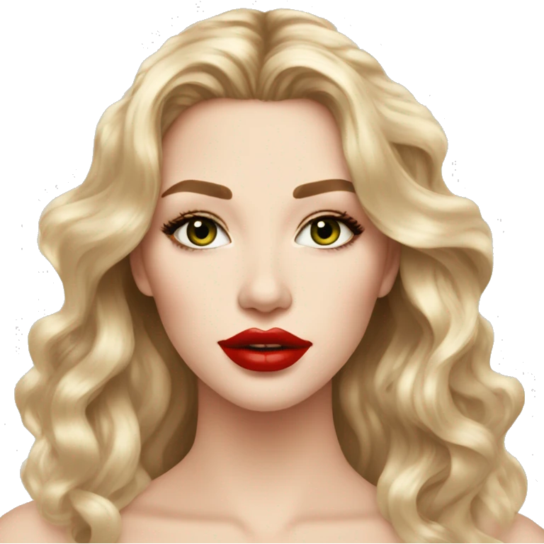 beautiful woman, hazel green eyes, blonde long wavy hair, white skin, big lips, red lipstick, great makeup emoji