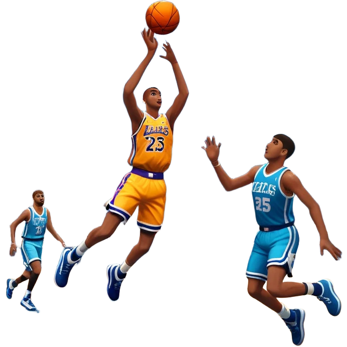 An icon featuring a basketball court with players in action, inspired by NBA 2K25. A player jumps for a dunk, with the ball mid-air. Bright lights illuminate the court, symbolizing the excitement of sports simulation games. Transparent background emphasizes the energy. emoji