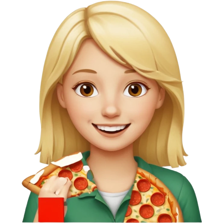 Blonde girl eating pizza smiling emoji