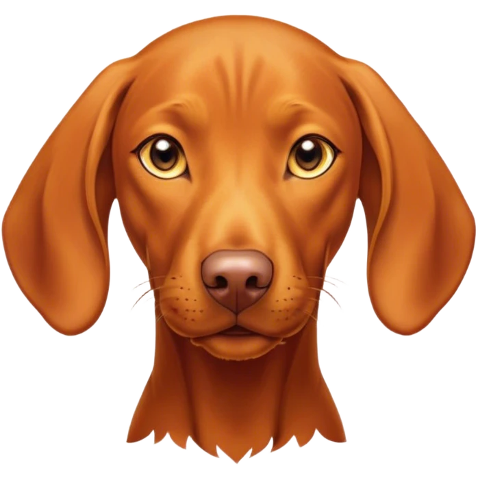 Cinematic Cute Vizsla Portrait Emoji, Head tilted playfully and inquisitively, featuring a sleek rust and gold Fur with a natural sheen, round, sparkling amber eyes filled with curiosity, Simplified yet irresistibly adorable features, highly detailed, glowing with a warm, friendly glow, high shine, affectionate and spirited, stylized with a touch of whimsy, bright and endearing, soft glowing outline, capturing the essence of a mischievous yet loving companion, so playful it feels like it could dash out of the screen and into your arms! emoji