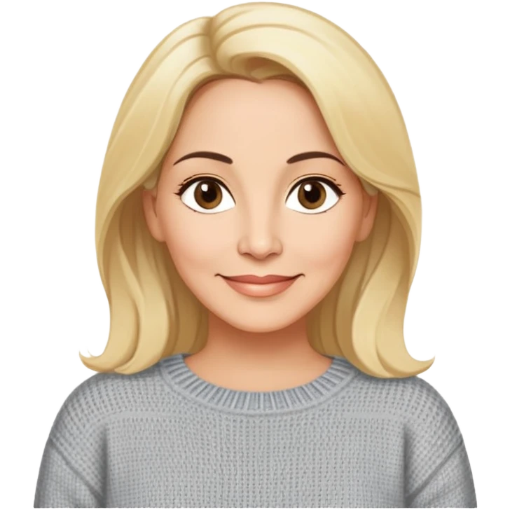 Linette Torres, 50-something Puerto Rican actress with fair complexion, extremely kind-hearted expression, bright caring eyes, soft motherly smile, blonde hair with relaxed styling, wearing a comfortable casual sweater emoji