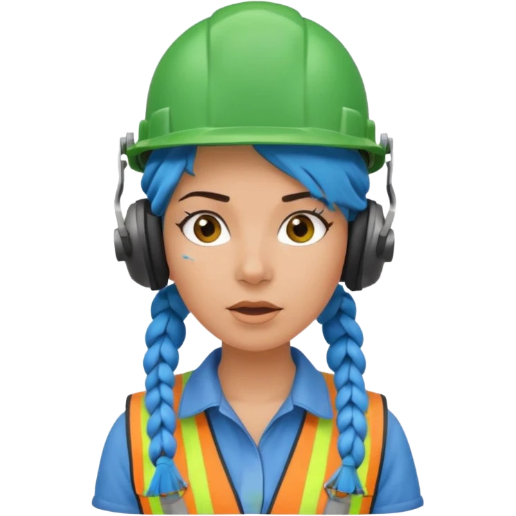 surprised construction worker blue braided haired woman wearing green helmet and headphones emoji