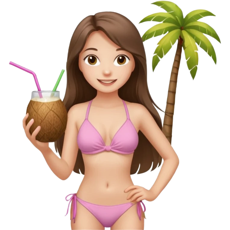 happy pretty white brunette teen long hair with hazel eyes and a small waist in light pink bikini holding a coconut drink emoji