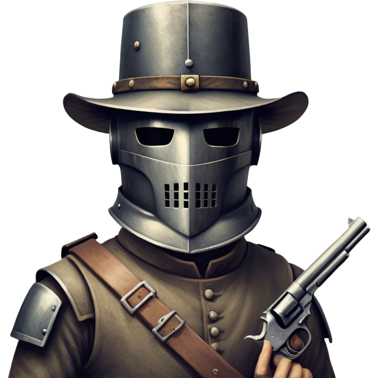 Cinematic Realistic Ned Kelly Portrait Emoji, depicted as the legendary Australian bushranger in his iconic homemade iron helmet and armor, gripping a revolver with a defiant stance. The scene is rendered with gritty textures and dramatic, shadowed lighting, evoking the lawless frontier and his rebellious, fearless legacy. emoji
