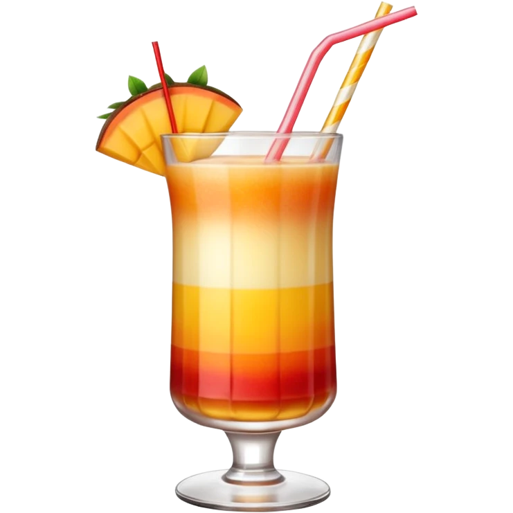 A beautiful cocktail with a gradient from red to orange, topped with mango pudding and lined with a striped straw. emoji