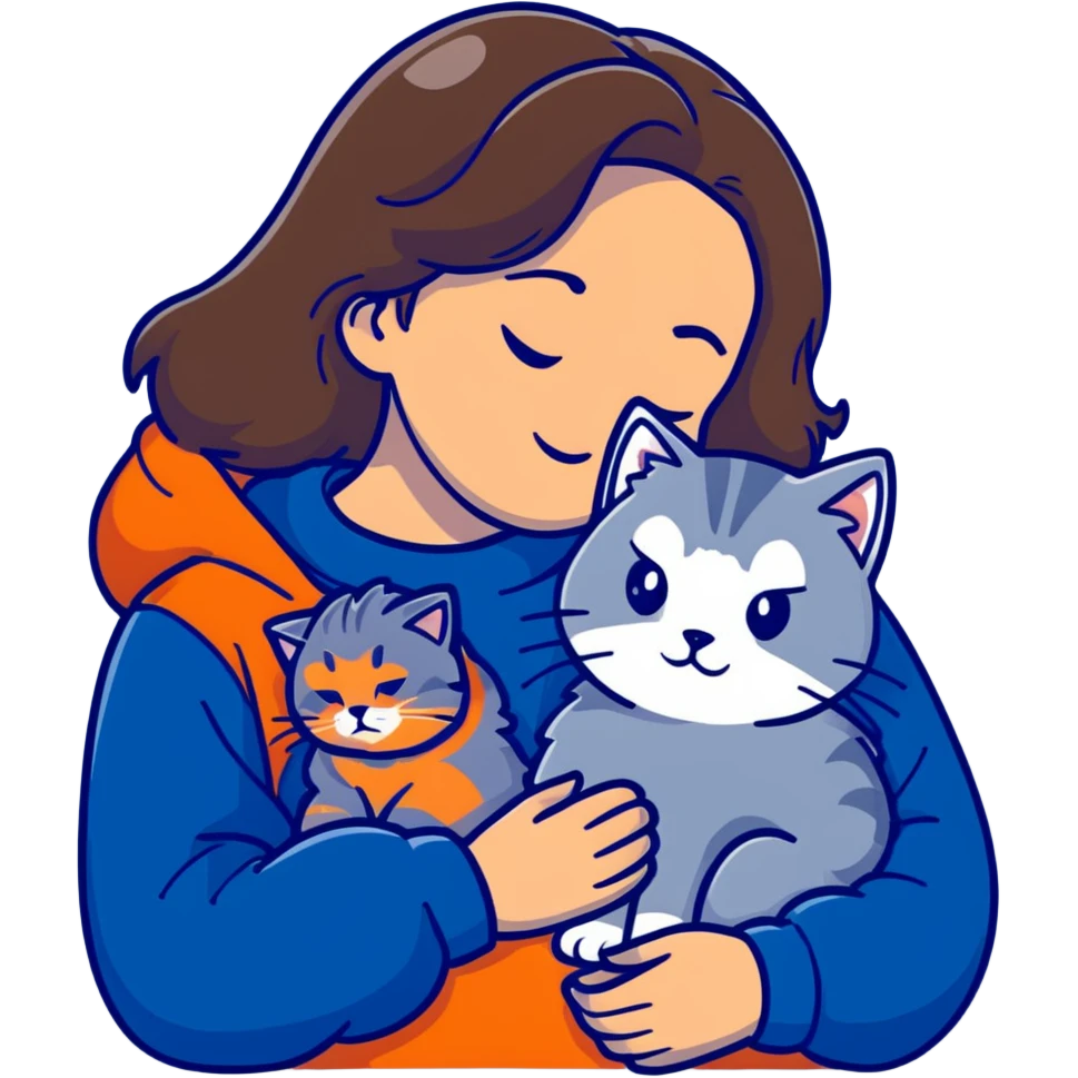 Brunette girl with dark blue sweatshirt snuggling a fluffy grey Siberian cat emoji
