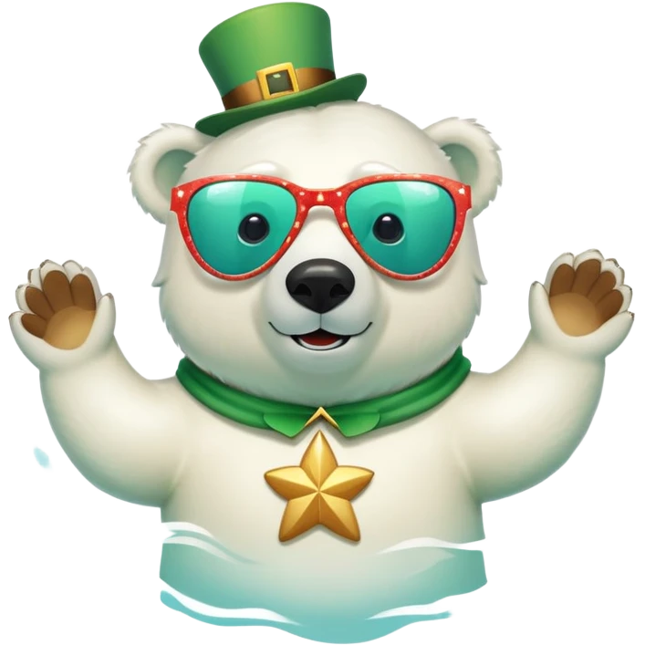 friendly anthropomorphised polar bear wearing oversized colorful star glasses and festive St. Patrick's Day outfit, swimming with joyful expression emoji