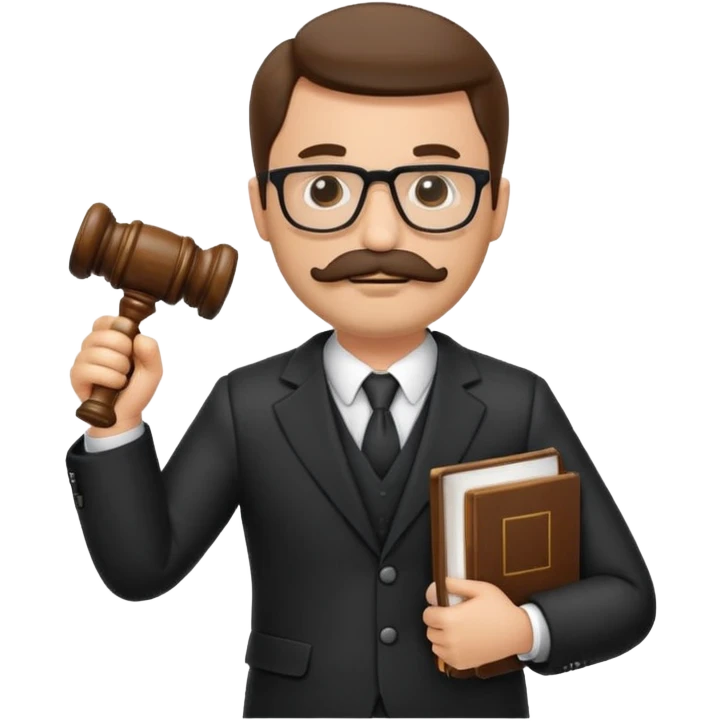 “Create a clean, modern emoji-style illustration of a male lawyer. He is wearing a formal suit jacket. He is holding a judge’s gavel (QUE SE VE DE COSTADO) in one hand and has a law book tucked under his arm. He has a mustache and beard!!, and GLASSES emoji