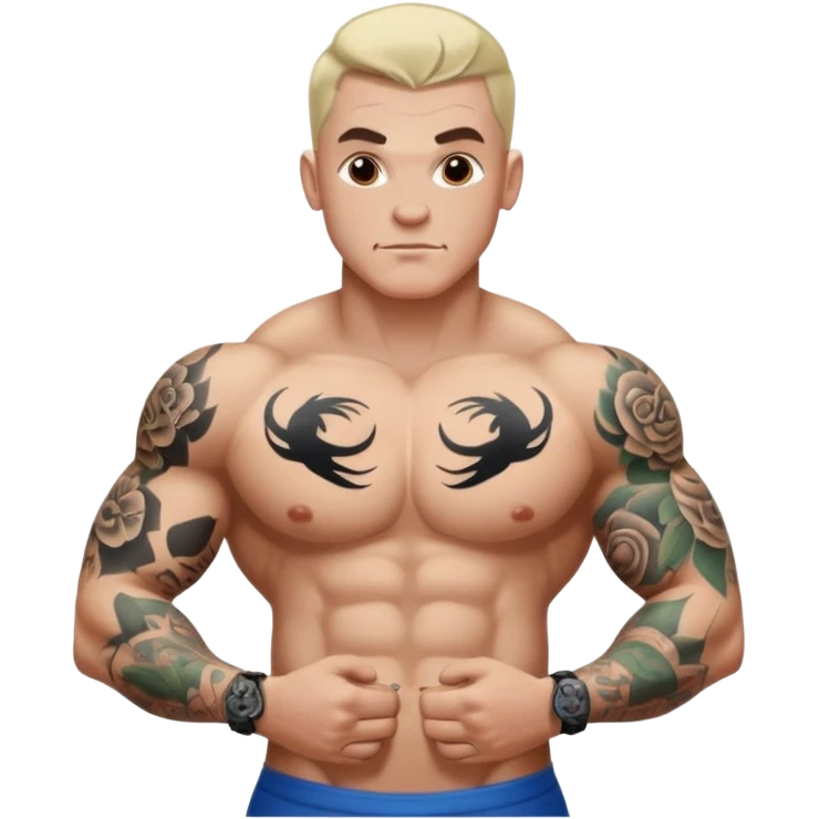 tattoo man, white skintone, more highlight the tattoo, body builder, tatto on fully chest, more tattoos on the body, more visible tattoo, big tattoos. emoji