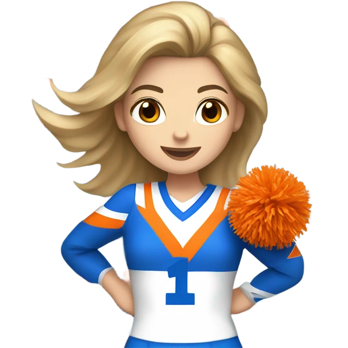 Caucasian Cheerleader with orange and blue Pom poms  in her hand and a “K1 “on Uniform emoji