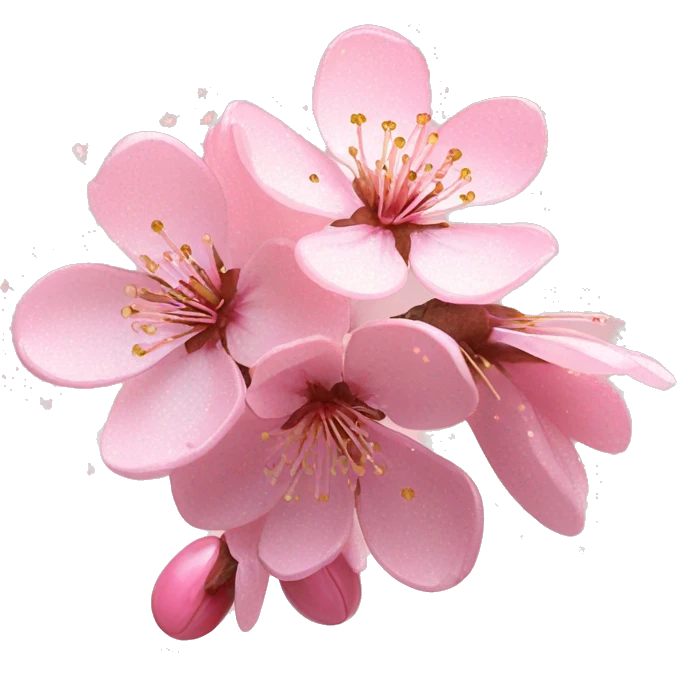 Cherry Blossom "A cluster of pastel pink cherry blossoms with intricate, softly glowing petals, accented by a subtle gradient and tiny glitter dust floating around." emoji