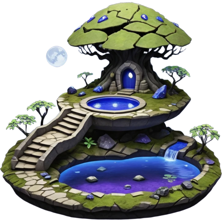 Crashed Alien saucer pool-castle jungle winding footpath mountainside getaway haunted nighttime landscape antique mudman very old broken cracked intricate Stone Age lapis-crusted irregular dodecagon-shaped shallow dark moss rough bark violet flowered maple treehouse bonsai emoji