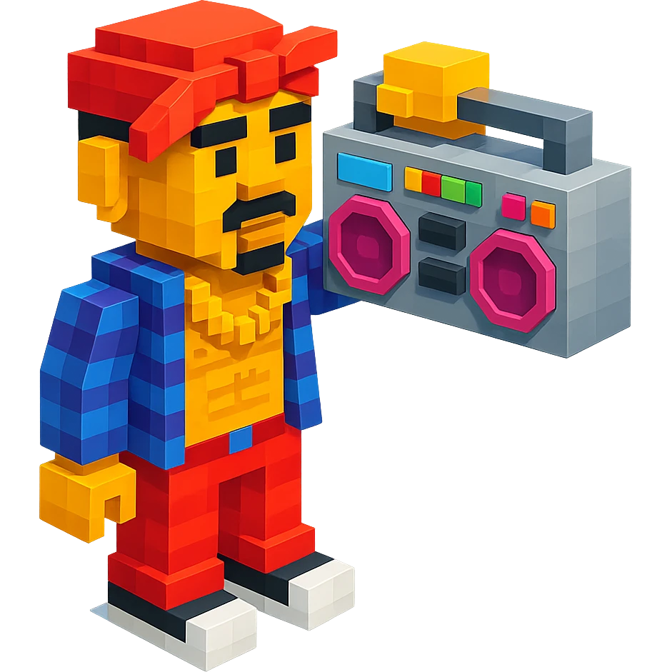 Lego 2Pac holding a boombox, detailed and colorful, retro hip-hop vibe emoji