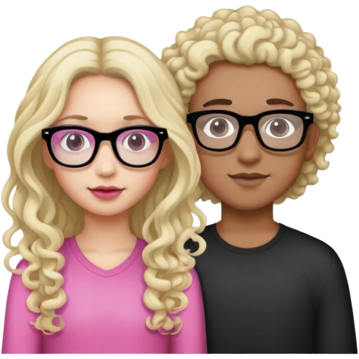 Girl with Long Curly Dark Brown Hair, Pink glasses, And a mixed skin tone. Boy with white skin tone, Long Blonde Hair and black glasses  emoji