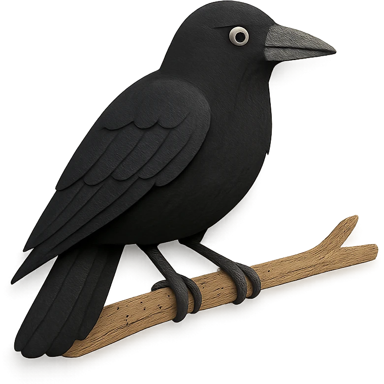 close-up of an American Crow perched on a tree branch, fine paper edges, expressive eye, black plumage emoji