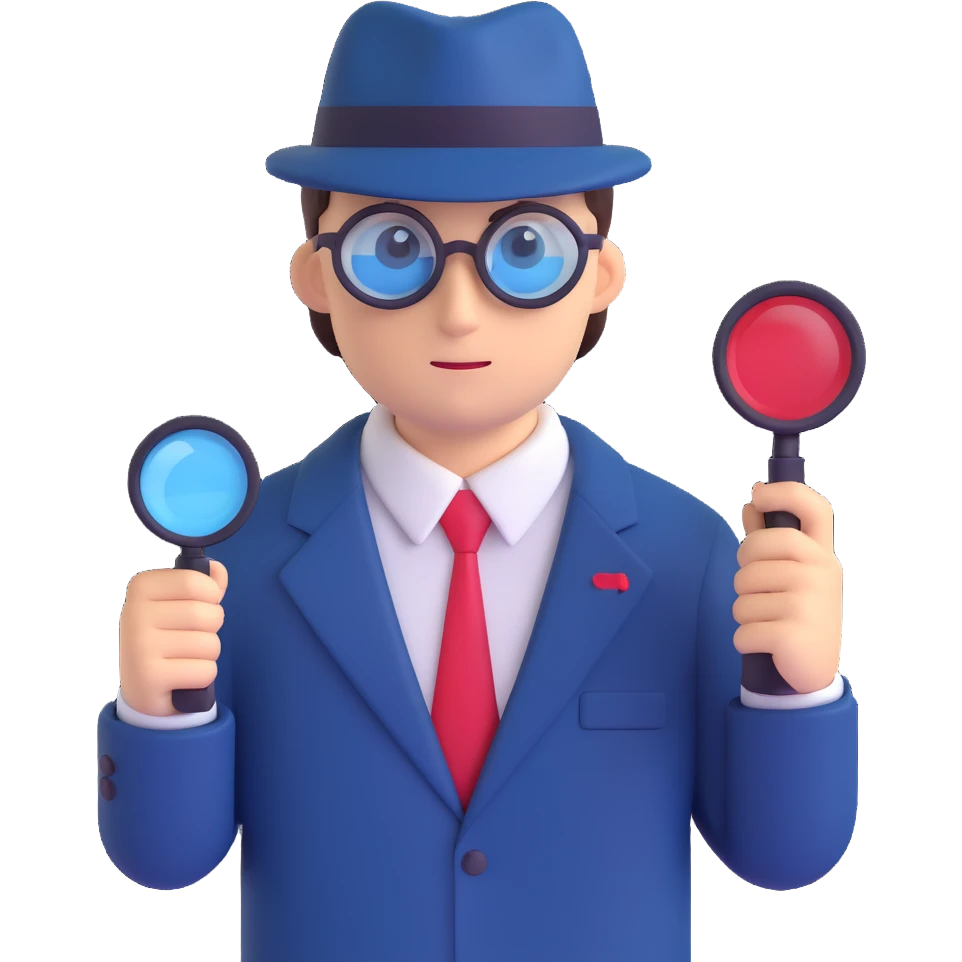 A secret agent holding a magnifying glass and code cards, spy theme, detective style, mysterious atmosphere, red and blue color scheme emoji