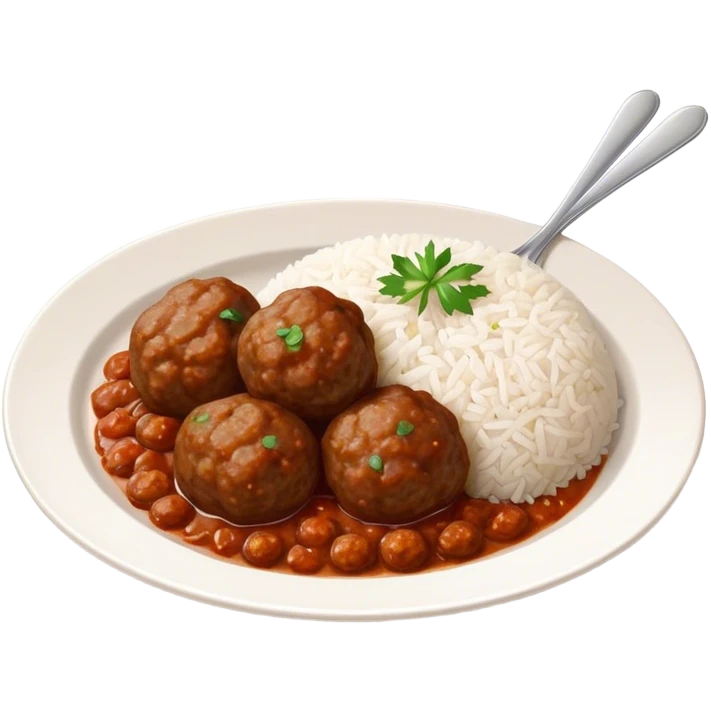 Kofte Cinematic Realistic Kofte Dish Emoji, depicted as spiced meatballs served alongside a portion of fragrant rice, rendered with rich textures and warm, appetizing lighting. emoji