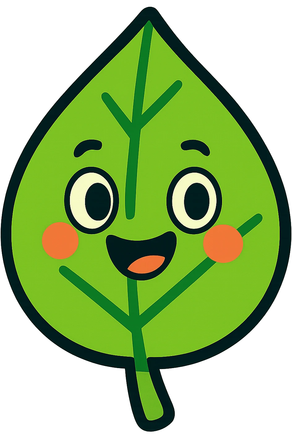 stylized cartoon leaf, bright green, with bold outlines and a cheerful expression emoji