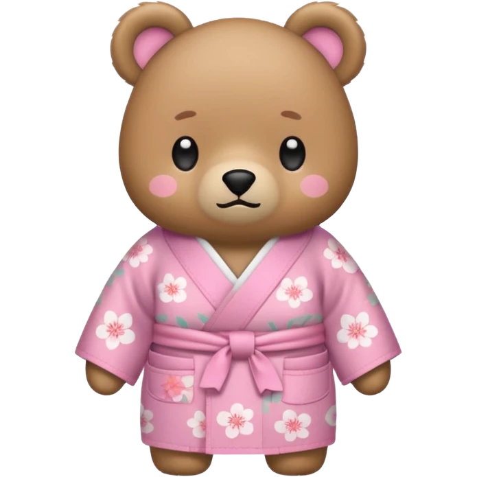 A cute light-brown bear wearing a pastel pink sakura-patterned kimono, normal balanced body ratio.  
Turning pockets inside out with a worried embarrassed face, a tiny coin rolling away.  
Kawaii emoji style, minimalistic clean sticker illustration, white background. emoji