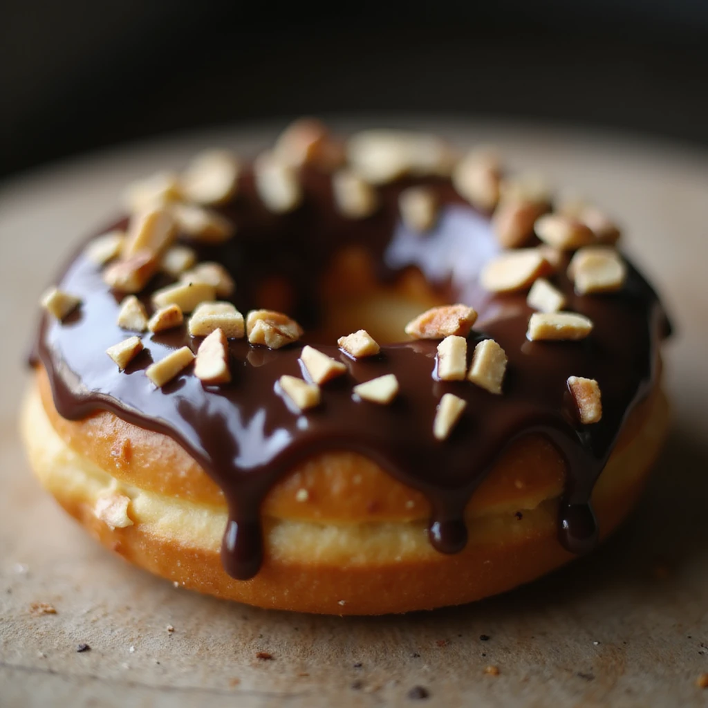 realistic glazed donut, soft lighting, appetizing, chocolate glaze with chopped nuts, on white background emoji