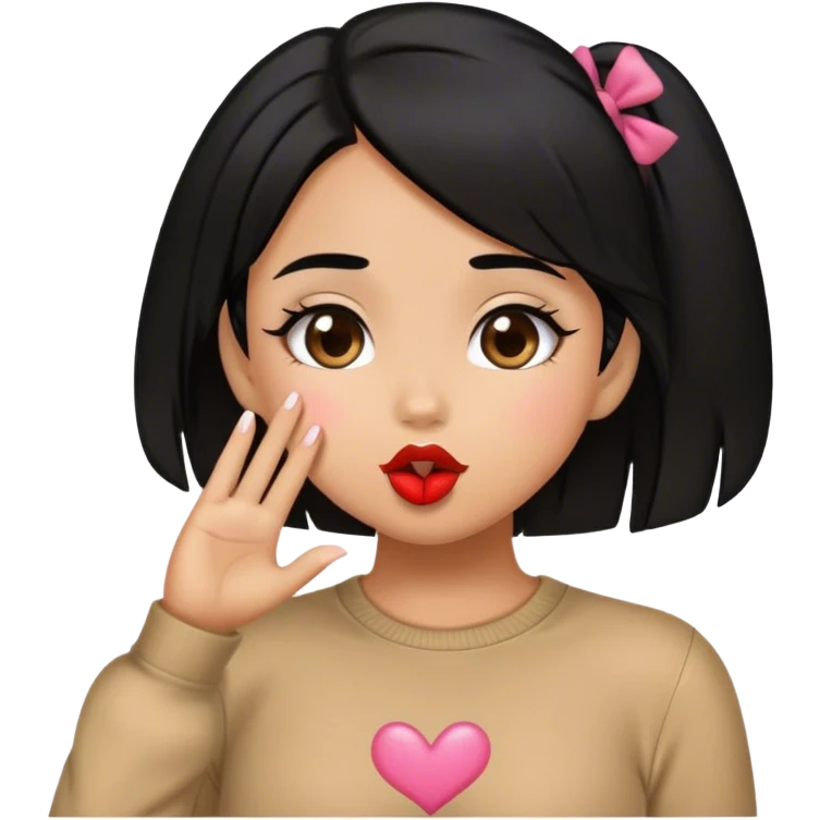Tan girl with black hair sending kisses and cute outfit emoji