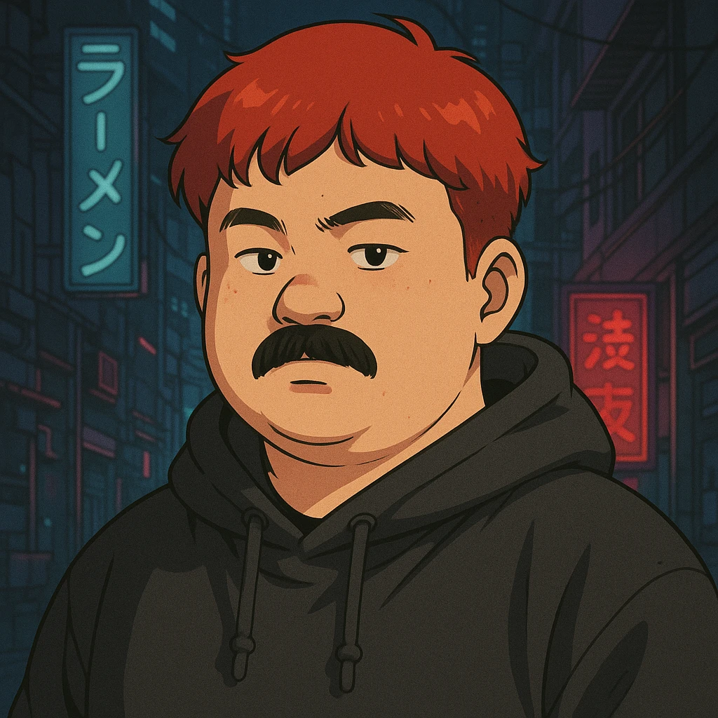 Asian man with a round face, black mustache, red hair, black hoodie, 90s Japanese anime style, soft shading, cyberpunk vibe emoji