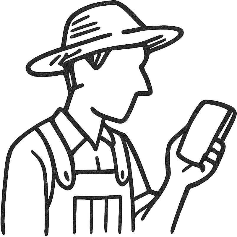 A farmer with a straw hat looking at a smartphone, digital agriculture concept, minimal style. emoji
