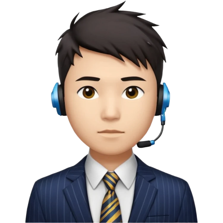 A young Asian man with light skin, short dark hair styled upward with a spiked swoop in front, a clean-shaven face, focused eyes, and a slim headset over one ear, wearing a dark pinstripe suit with a patterned dress shirt and a bright solid-colored tie visible from the chest up. emoji