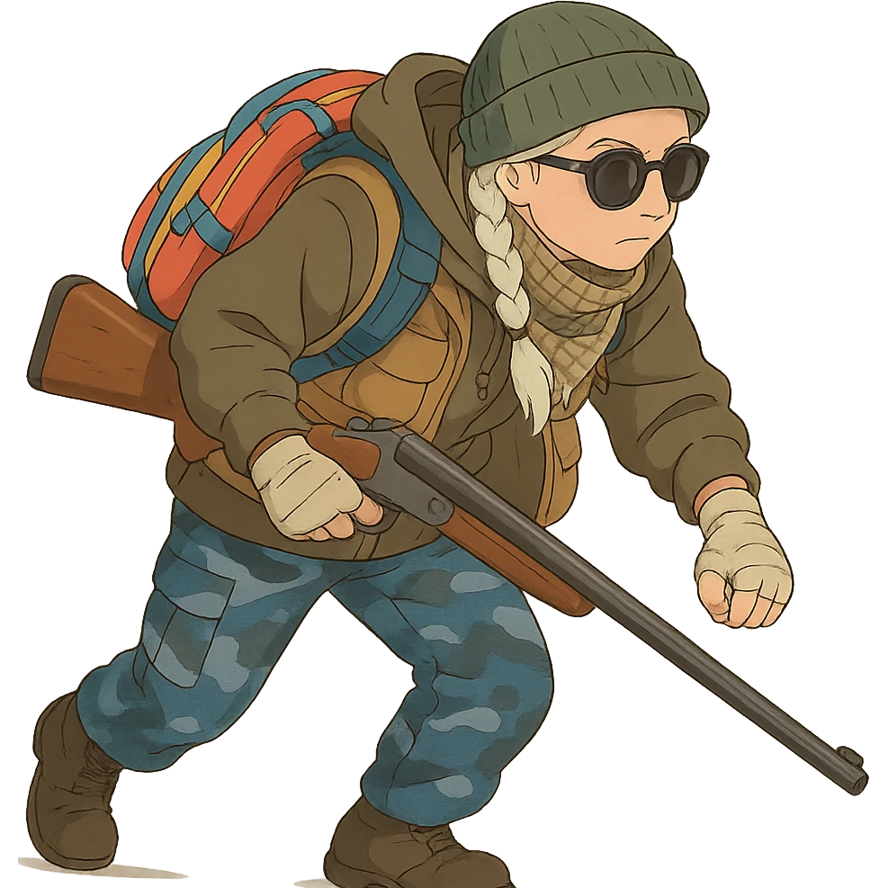 1 female, long white braid, knit cap, dark sunglasses, shemegh neckwrap, fishing vest, vibrant shool backpack, drab hoodie, handwraps, blue camo pants, Blaser Bbf-95, hunched over, on the move emoji