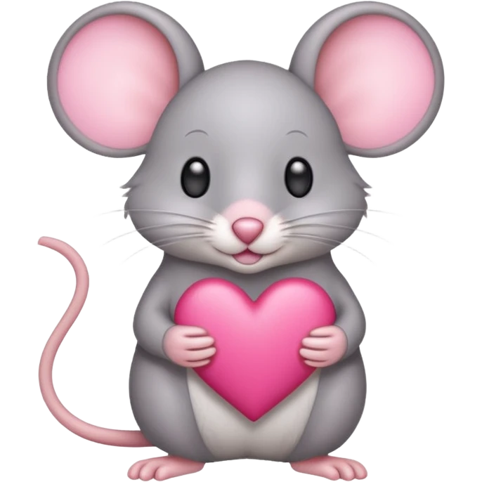 A light gray mouse holds a pink heart in its paws. emoji