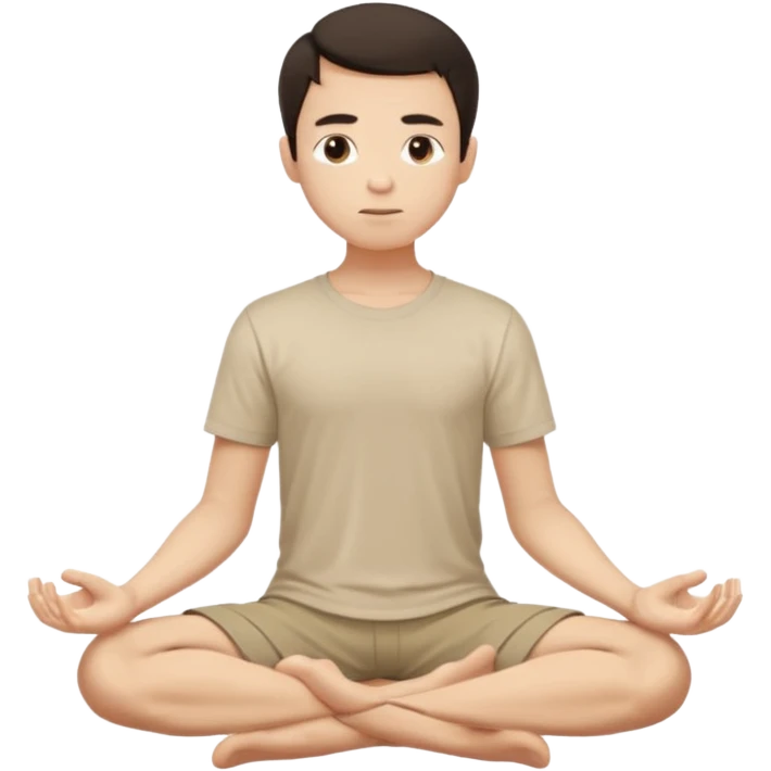 rapaz magro cabelo escuro, camiseta bege e  bermuda bege escuro, corpo inteiro meditan emoji