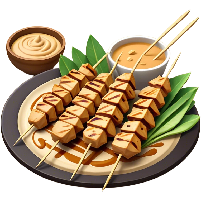 Cinematic Realistic Indonesian Chicken Satay Dish Emoji, depicted as succulent, marinated chicken skewers grilled to perfection with a subtle char, drizzled generously with a rich, creamy peanut sauce that glistens under warm, natural lighting. The vibrant textures of the tender meat and smooth, spicy sauce evoke the authentic flavors of Indonesian street food, rendered with lifelike detail and dynamic, appetizing lighting. emoji