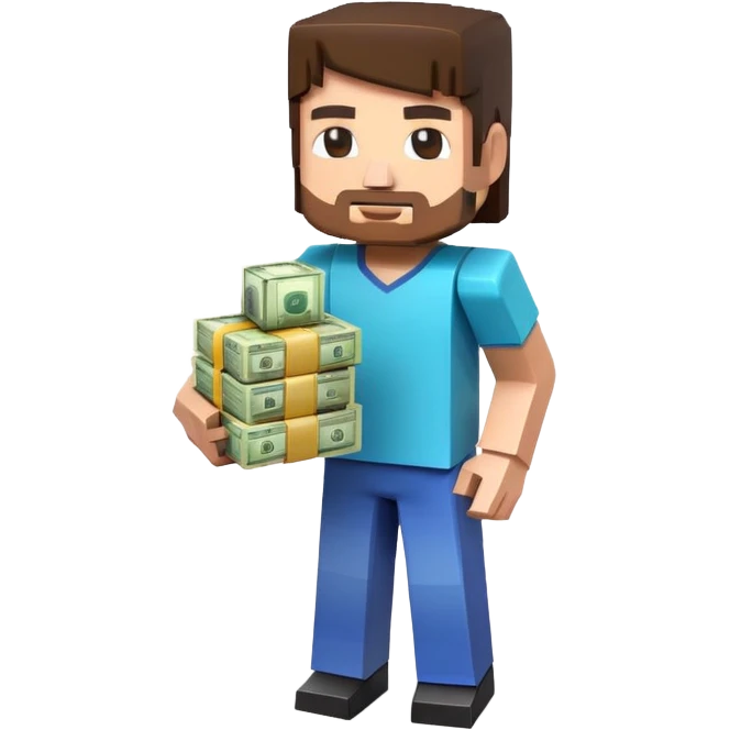 emoji style icon, minecraft blocky character holding a stack of money, pixel art style, bright colors, simple background, 3D glossy emoji, centered composition, soft shadow, high detail, clean outline, white background emoji