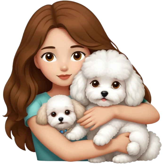 A beautiful olive skinned girl with long brown hair, hugging a white bichon frise emoji