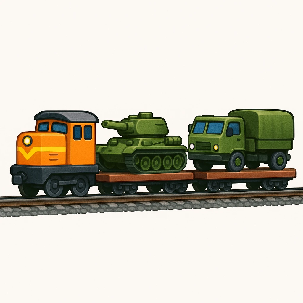 Create a highly realistic image of an ordinary cargo train transporting military equipment such as tanks and trucks, in a classic emoji style. This is variant 3. emoji