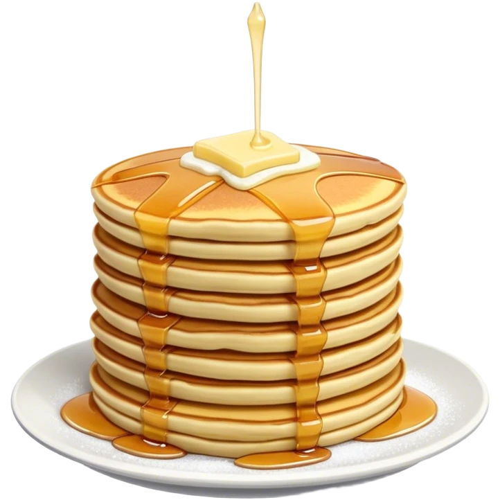 Cinematic fluffy golden pancakes, stacked high, drizzled with maple syrup, topped with fresh butter melting on top, light dusting of powdered sugar, warm and inviting, soft glow and mouthwatering. emoji
